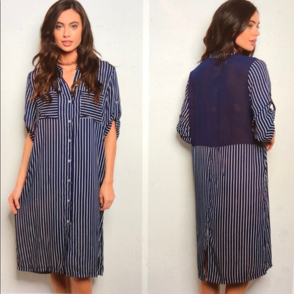 Navy blue and white striped duster/ dress